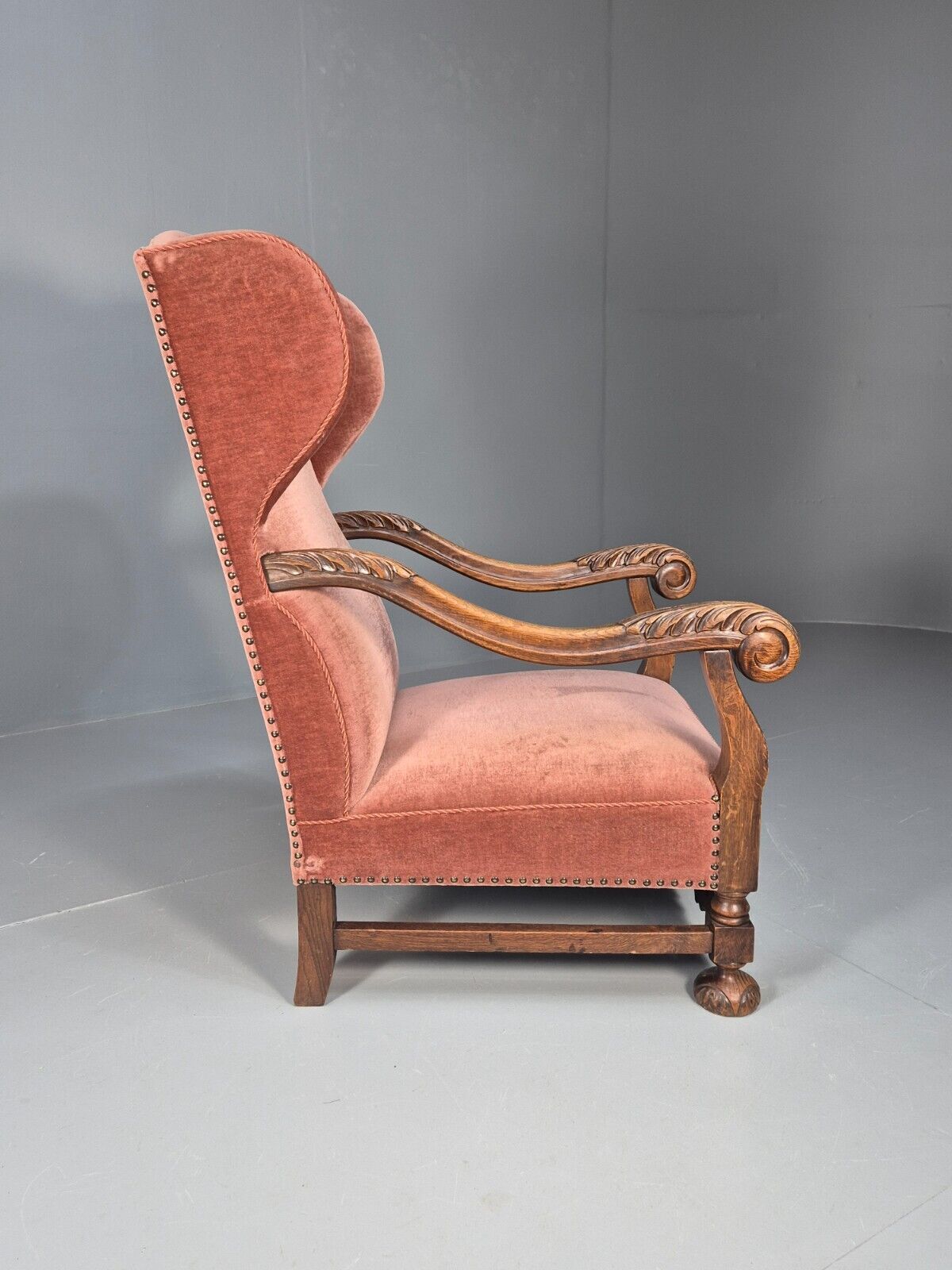 Vintage Danish Lounge Chair Pink Peach Velour Oak 17th Century Style EB8985 VCLO - UKDK FURNITURE