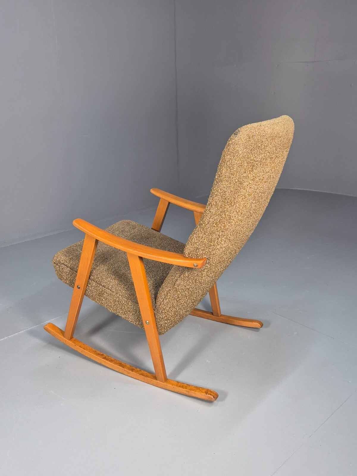 Mid Century Rocking Chair Olive Brown Wool Fabric Beech Frame 1950s EB9595 MNOR - UKDK FURNITURE