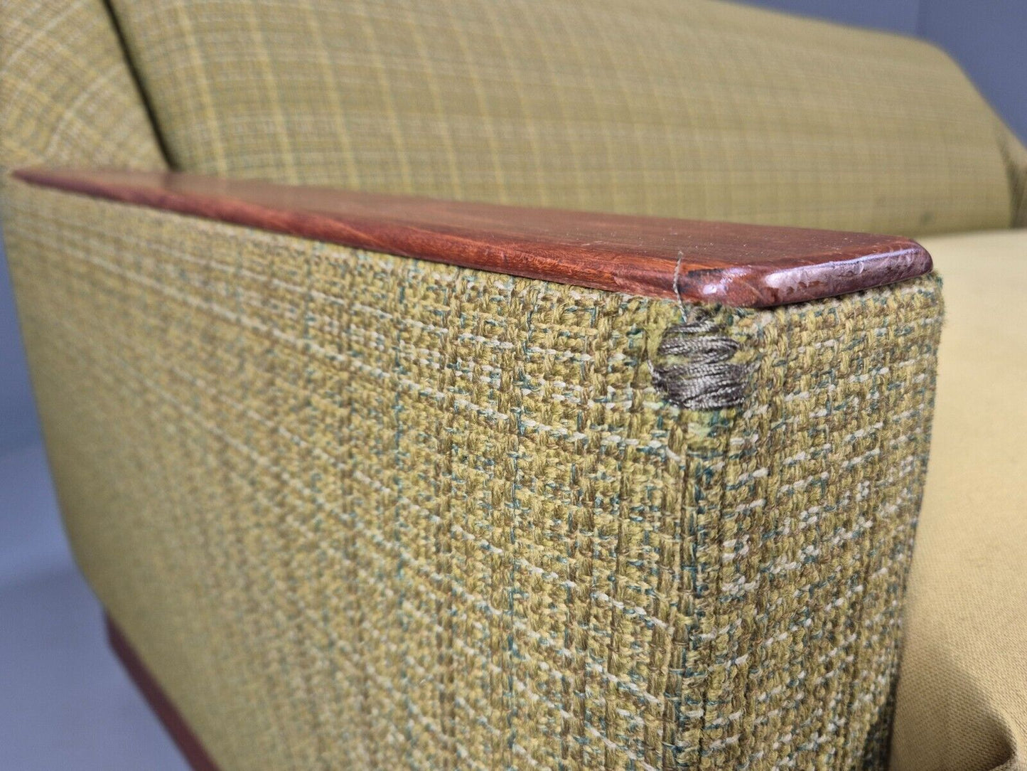 Vintage Danish 2 Seat Sofa Green Wool Teak Arms Retro MCM EB8900 M2SS - UKDK FURNITURE