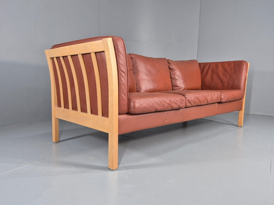 Vintage Stouby 3 Seat Sofa Reddy Brown Leather Beech Wood Slat EndsEB10525 M3SS1