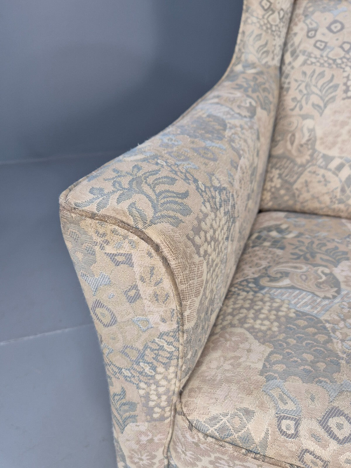 Vintage Danish Wingback Armchair Cream Grey Abstract Print Retro EB9695 MNOR - UKDK FURNITURE