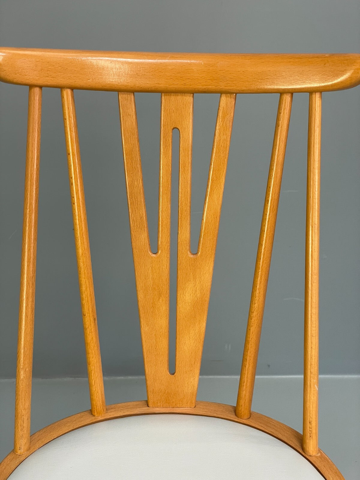 Mid Century Beech Dining Chairs Pair Off White Vinyl 1960s EB9779 MDIN - UKDK FURNITURE