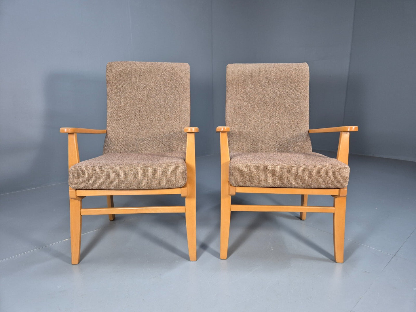 Vintage Oatmeal Armchairs Beech Frame Pair Retro Design EB9489 MNOR - UKDK FURNITURE