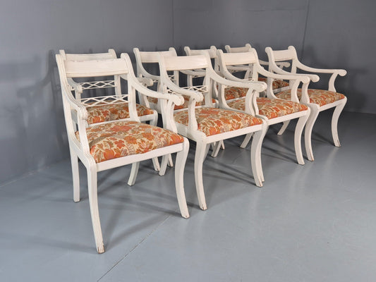 8 Regency Style Dining Chairs 1970s Retro Repro Floral Pads Armed EB11035 MDIN1