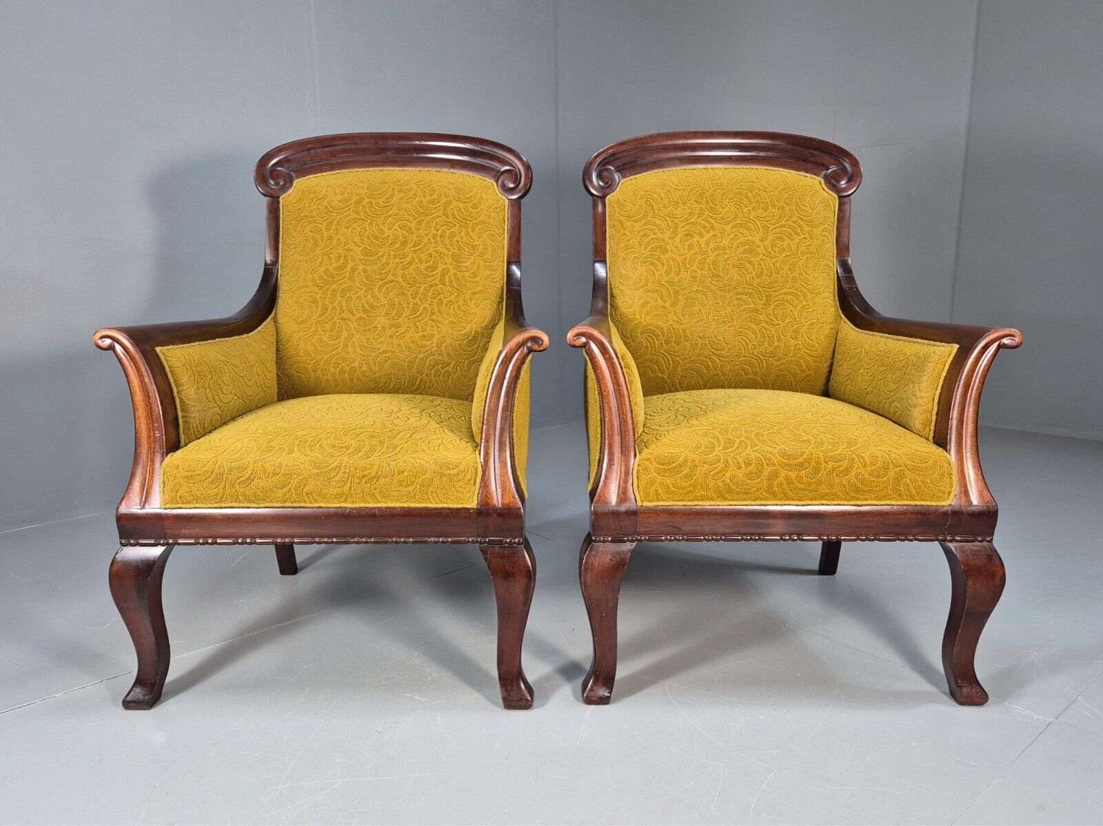 2 Danish Antique Chairs French Empire Style 1920s Mahogany Mustard EB9042 VCLO - UKDK FURNITURE