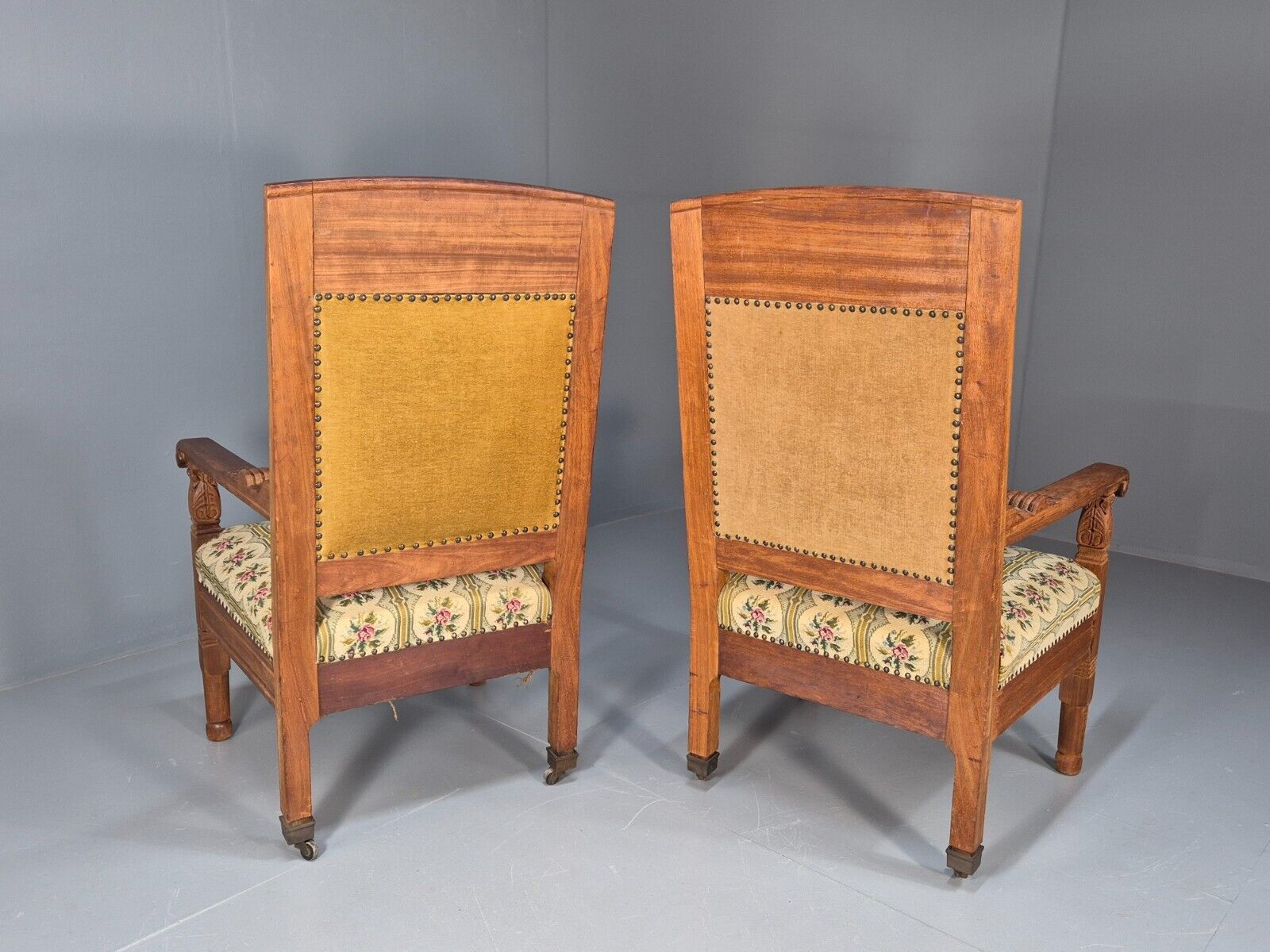 2 Vintage Danish Lounge Chairs Floral Embroidery Oak Frame Antique EB8916 VCAR - UKDK FURNITURE