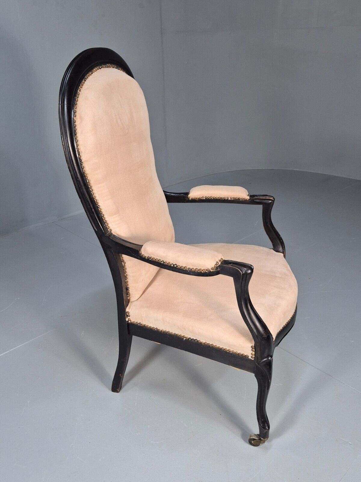 Antique Danish Cream Suede Horseshoe Backed Chair With Castors EB8450 VCLO - UKDK FURNITURE