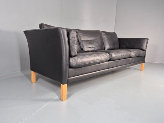 Vintage 3 Seat Sofa Danish Black Leather Mid Century Retro 1980s EB10483 M3SS1