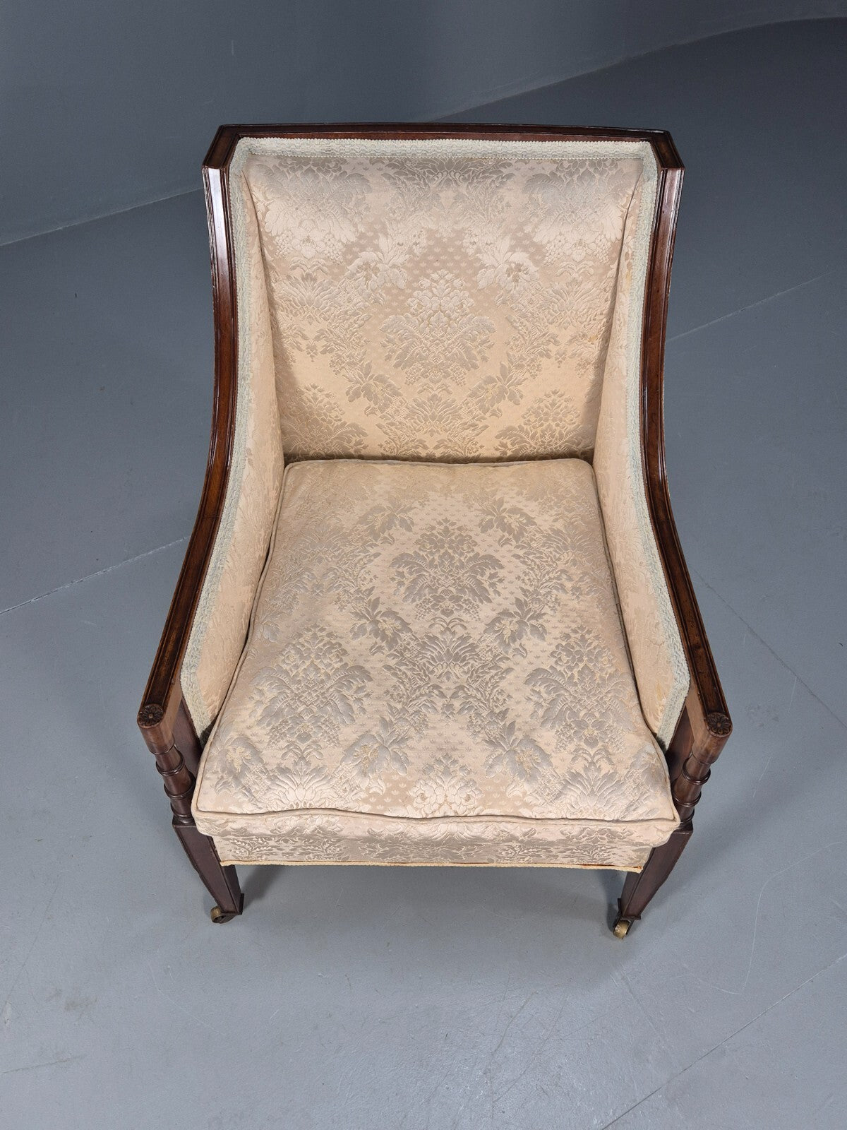 Antique Edwardian Mahogany Armchair Satin Creme Leaf Pattern Fabric EB8446 VCLO - UKDK FURNITURE
