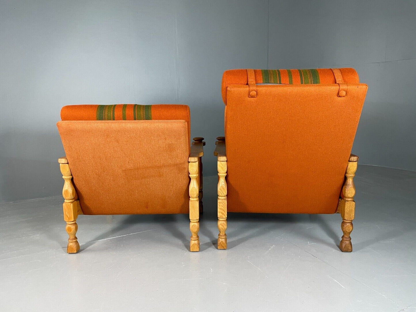 2 Vintage Danish Lounge Chairs Orange Green Oak Kjaernulf Retro MCM EB6716 MNOR - UKDK FURNITURE
