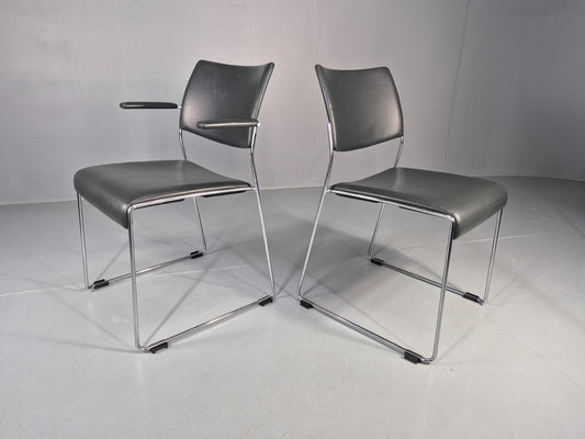 6 Leather Stacking Chairs Brunner Linos Dark Green Chrome Modern EB11734 MSTA1