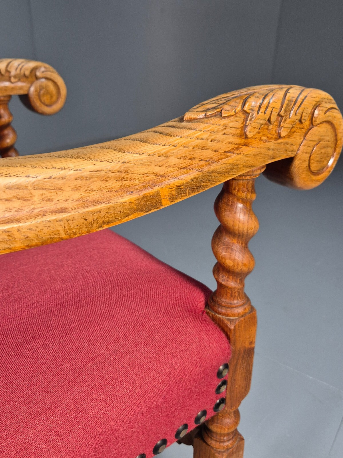 Vintage Danish Baroque Style Armchair in Red Wool and Oak 1950s EB9582 VCAR - UKDK FURNITURE