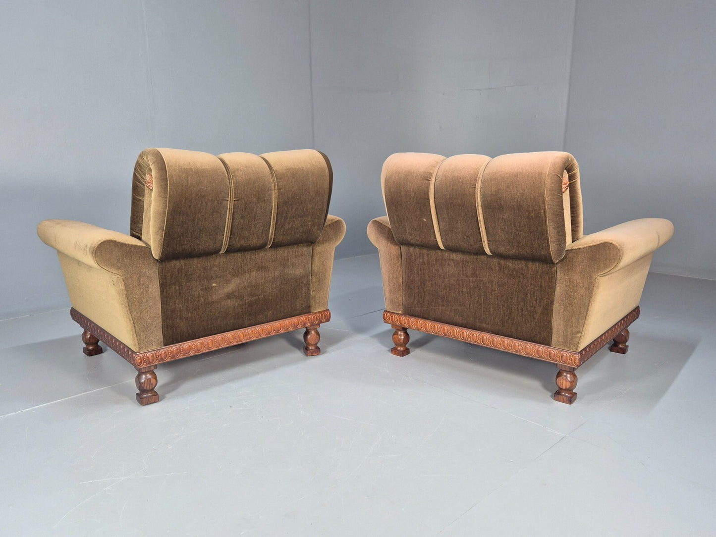 2 Vintage Danish Green Velour Armchairs Oak trim 1970 Quality Retro EB9027 VCLO - UKDK FURNITURE