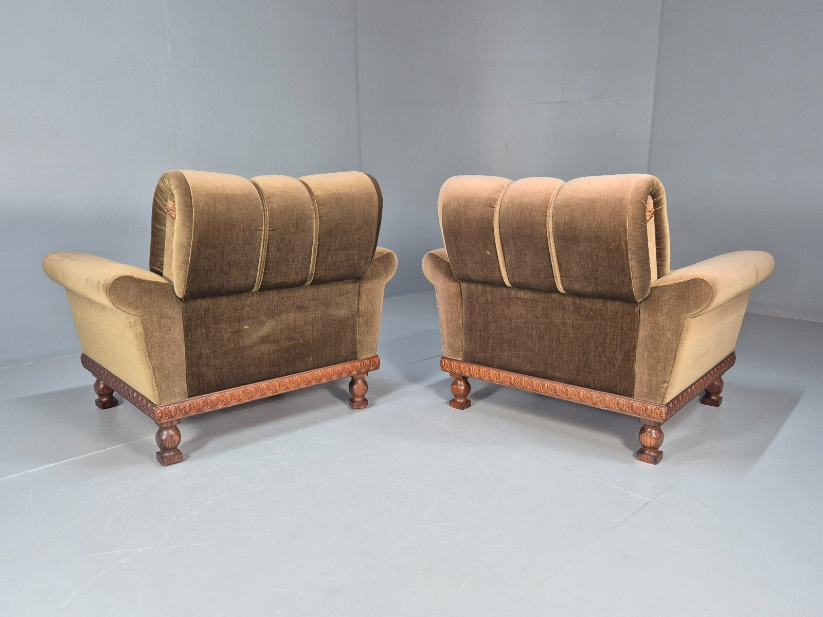 2 Vintage Danish Green Velour Armchairs Oak trim 1970 Quality Retro EB9027 VCLO - UKDK FURNITURE