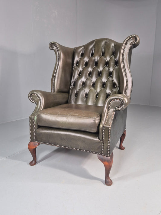 Vintage Wingback Leather Lounge Chair Queen Anne Style 1970s Retro EB11532 VLEA1