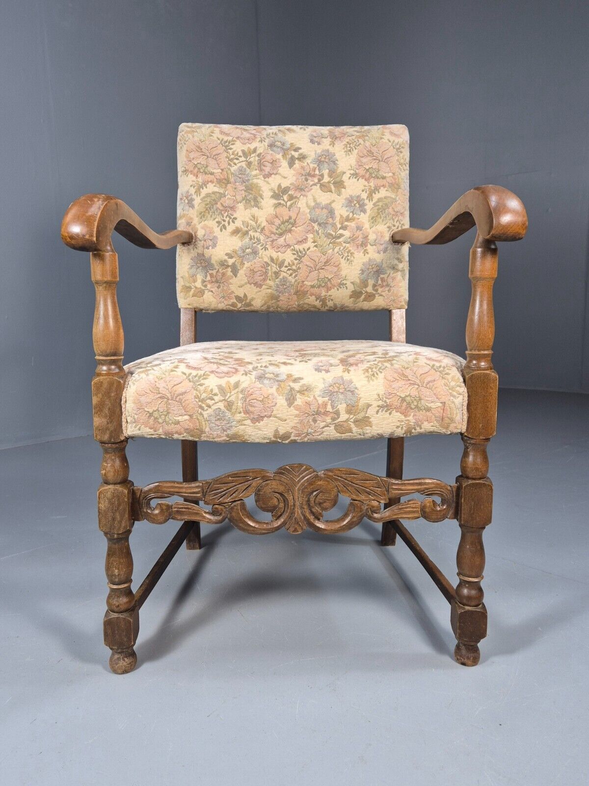 Vintage Danish Armchair Floral Cotton Oak Frame 17th Century Style EB8914 VCAR - UKDK FURNITURE