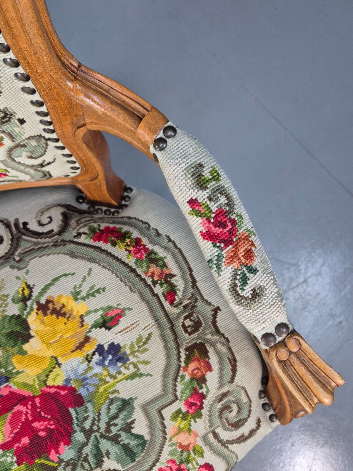 Vintage Danish Fauteuil Chair Embroidery French Antique Style 1963 EB8082 VCAR - UKDK FURNITURE
