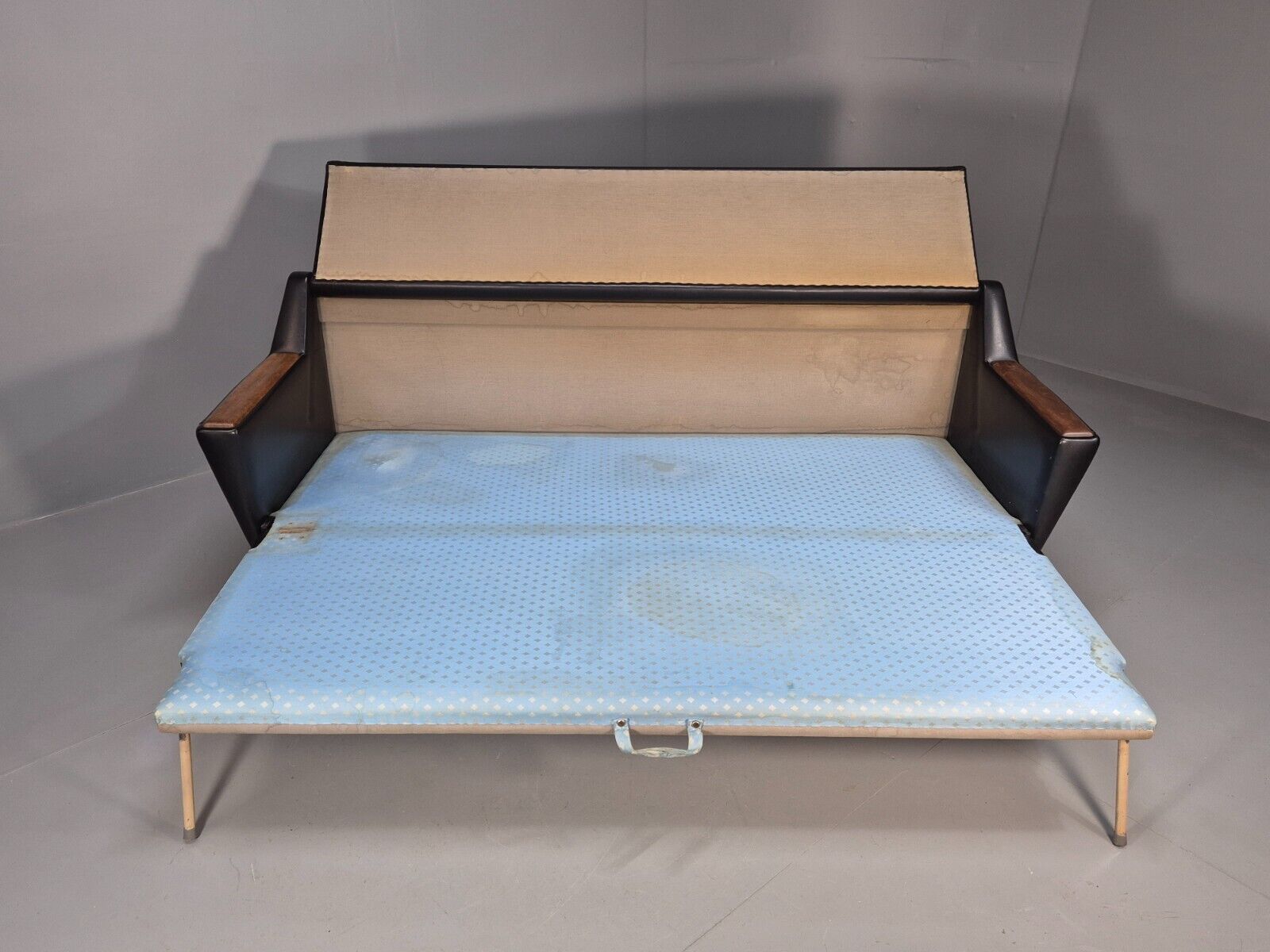 Vintage Danish Sofa Bed Black Vinyl Teak Paws Legs Reupholstery MCM EB7273 M4SS - UKDK FURNITURE