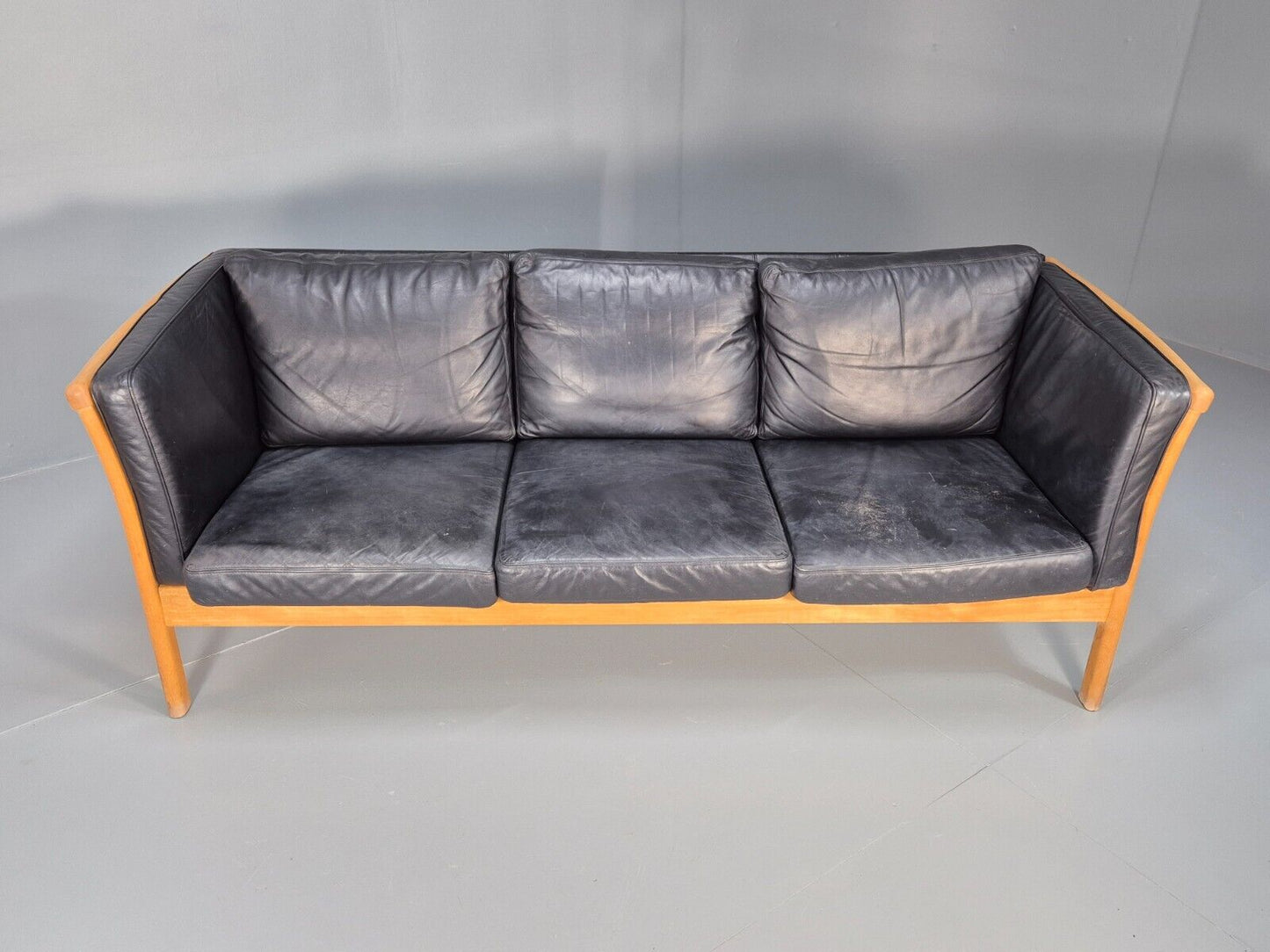 Vintage 3 Seat Sofa Black Leather Beech Ends Stouby Retro 1980s MCM EB8593 M3SS - UKDK FURNITURE