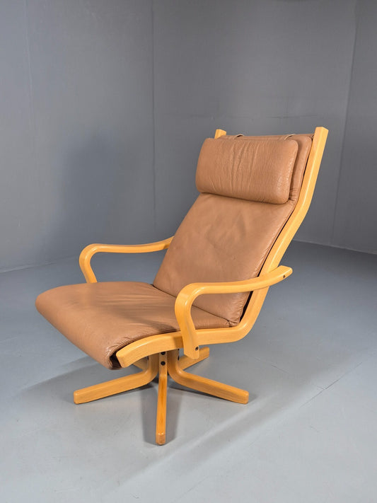 Vintage Danish Leather SWivel Lounge Chair with Bentwood Frame 1980s EB9272 MSWI - UKDK FURNITURE