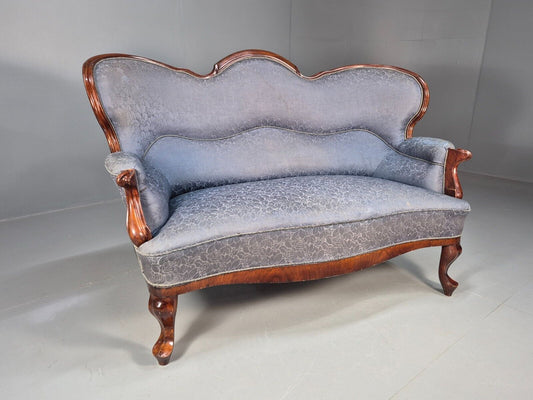 Vintage Danish 2 Seat Sofa Blue Floral Mahogany Camel Back Antique EB8008 V2SS - UKDK FURNITURE