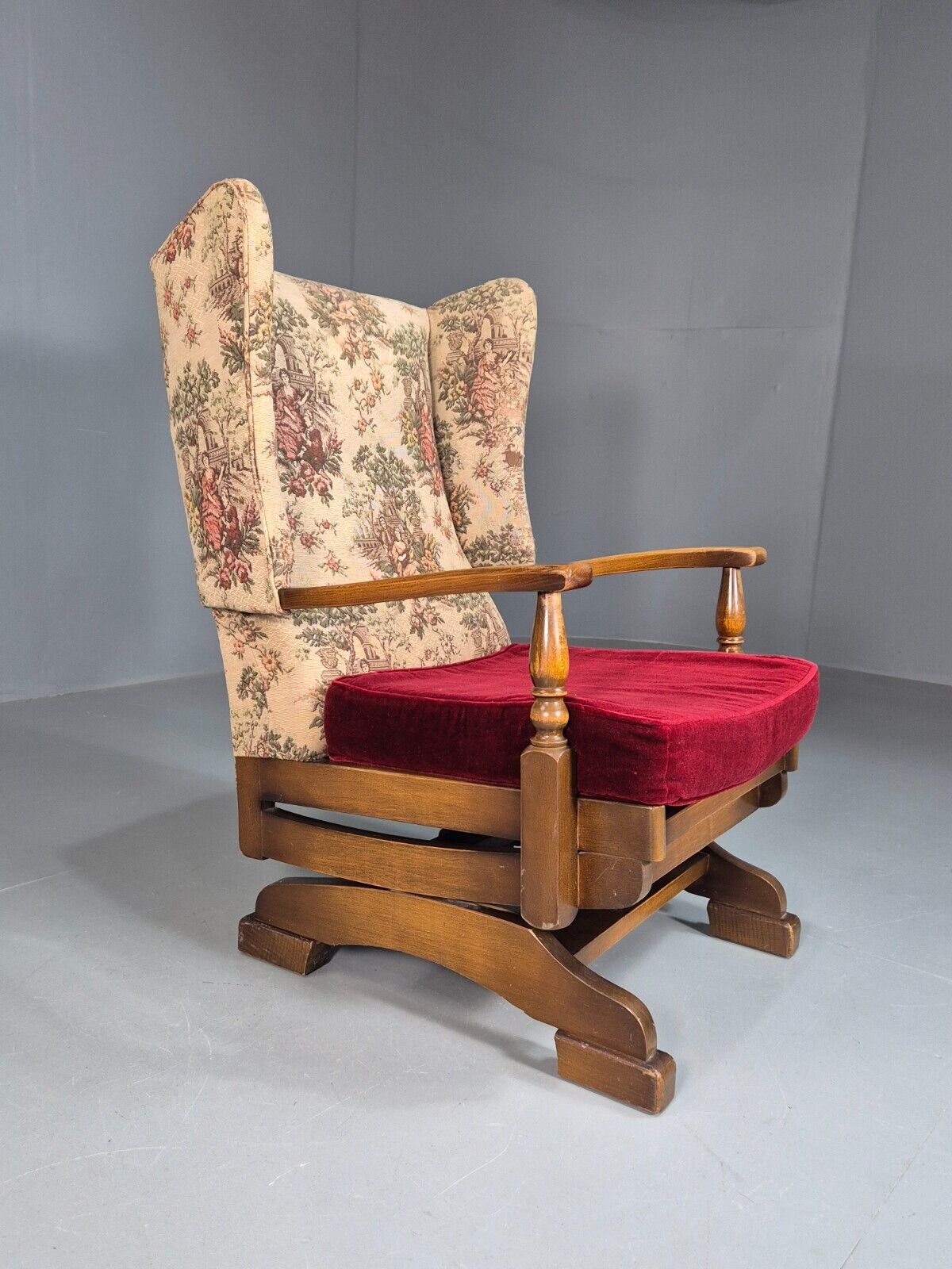 Vintage Wing Back Rocking Chair Floral Upholstery Beech Frame 1950s EB7936 MNOR - UKDK FURNITURE