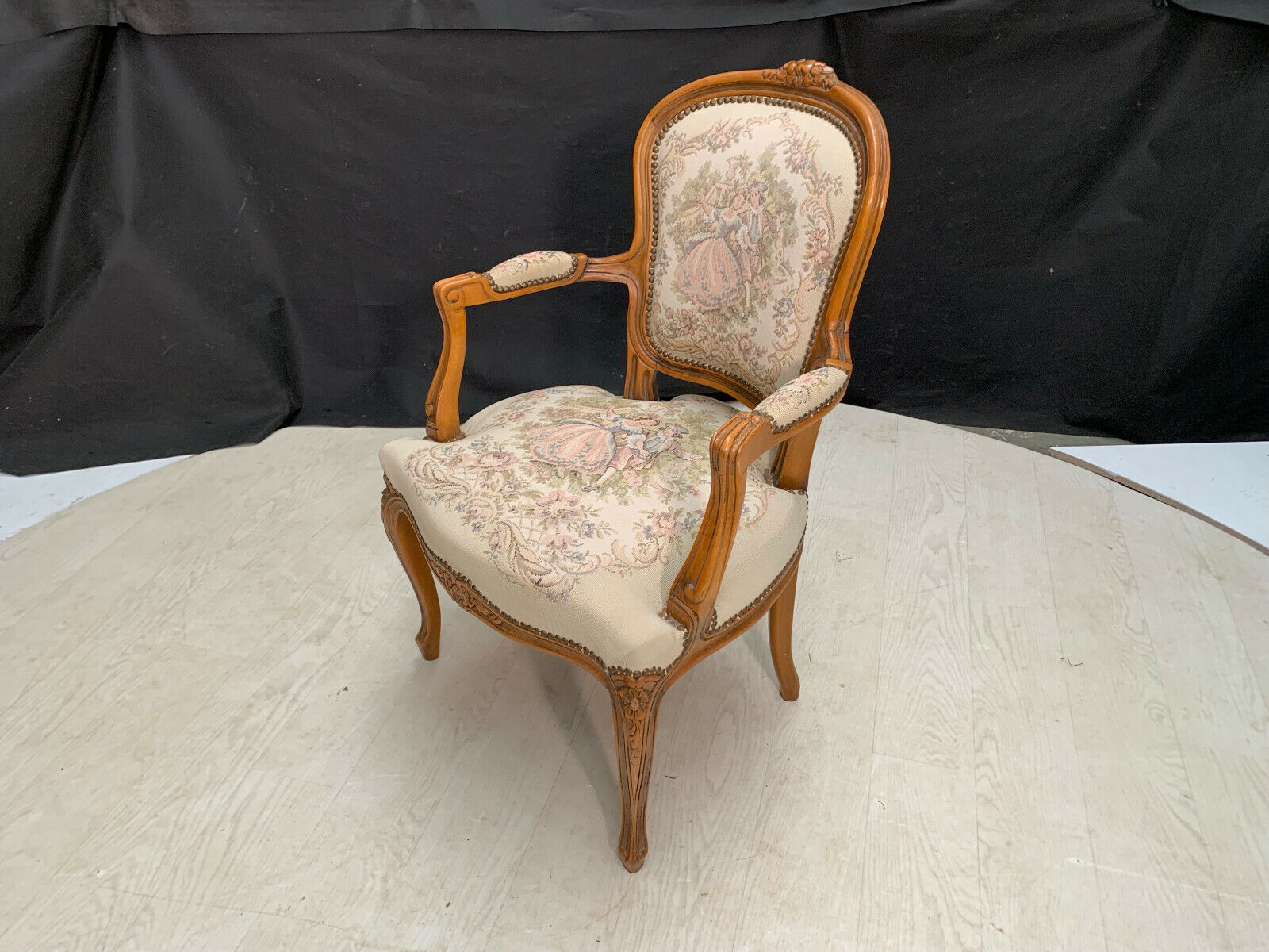 Danish Carved Beech & Tapestry Style Cream Wool Chair Vintage EB2516 VCAR - UKDK FURNITURE