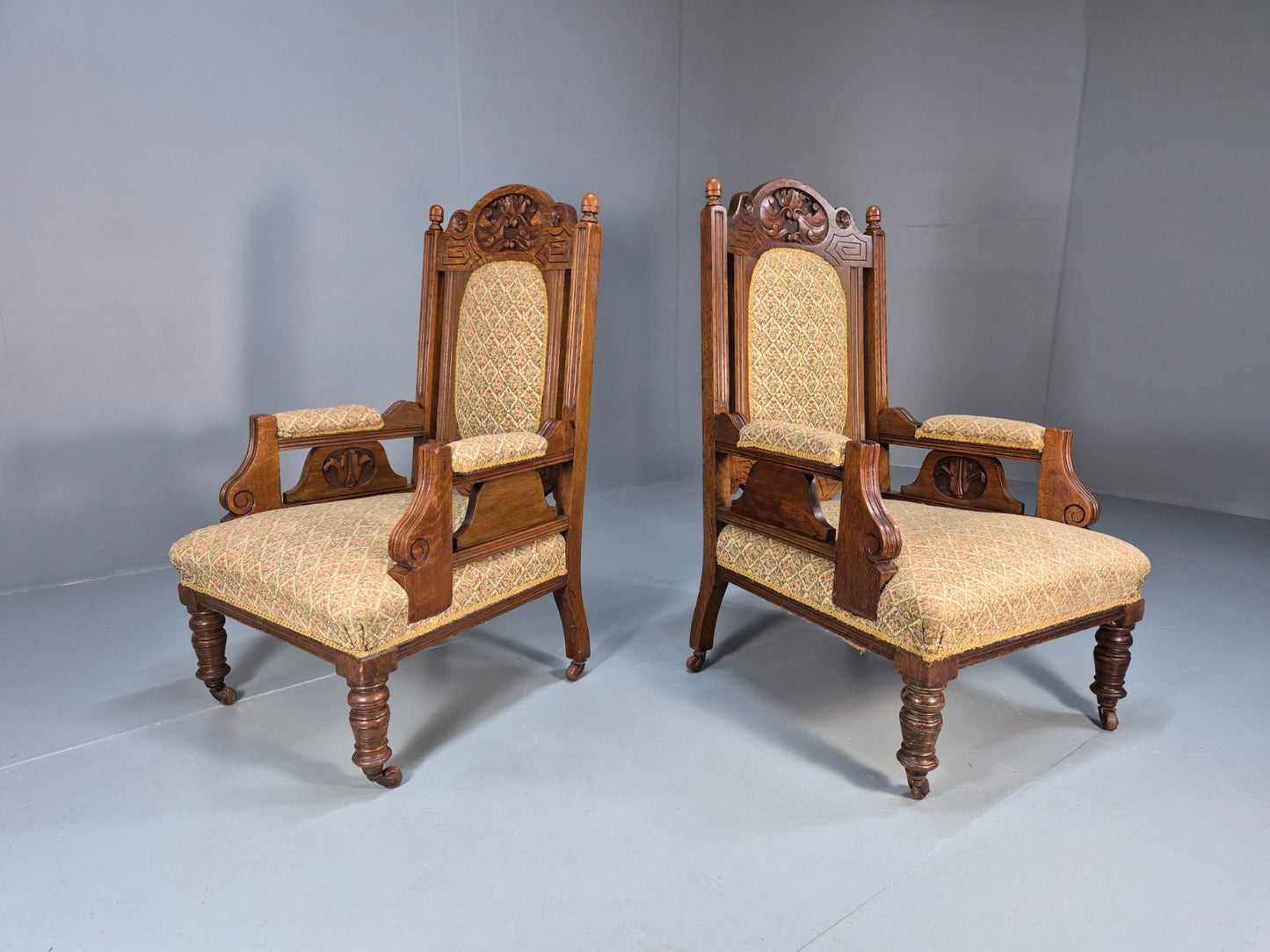2 Edwardian Carved Oak Lounge Chairs Embroidery Upholstery 1900s EB10690 VCAR1