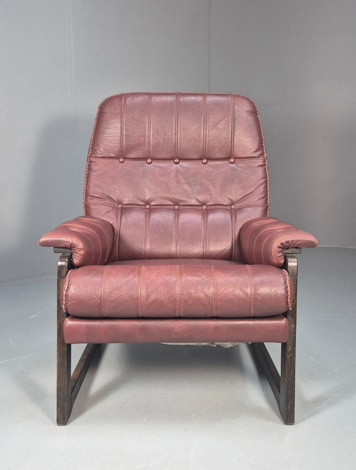Vintage Burgundy Leather Lounge Chair Danish 1970s Beech Frame EB9793 MNOR - UKDK FURNITURE
