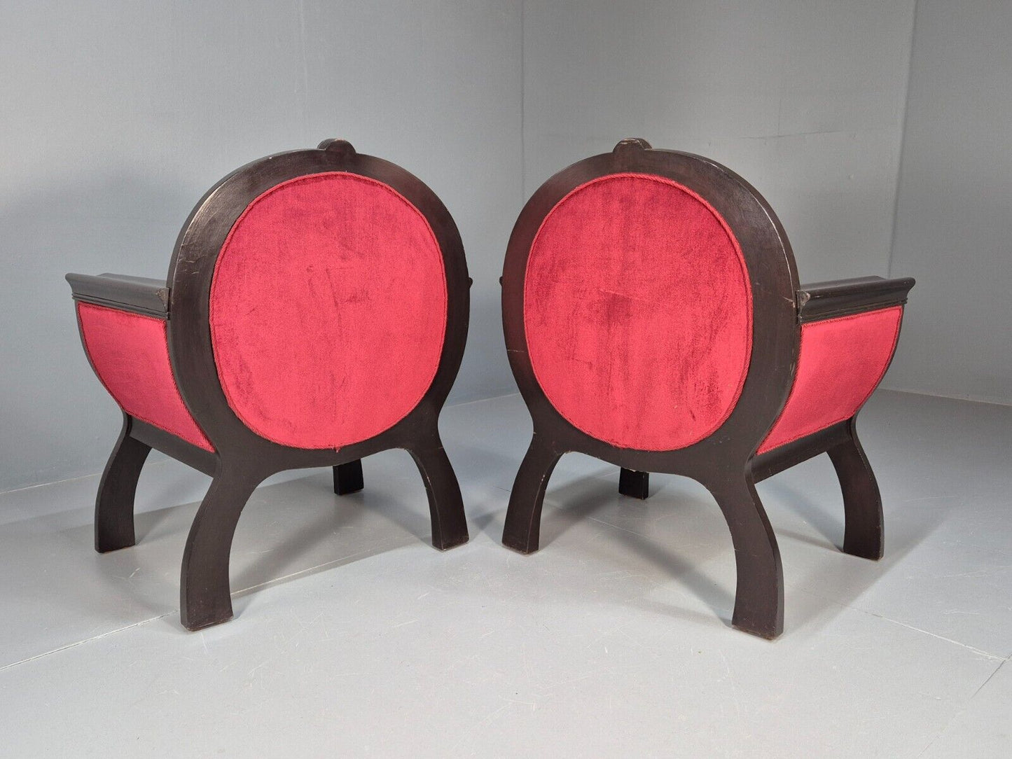 2 Vintage Danish Lounge Chairs Red Velour Mahogany Gondola Style EB8997 VCLO - UKDK FURNITURE