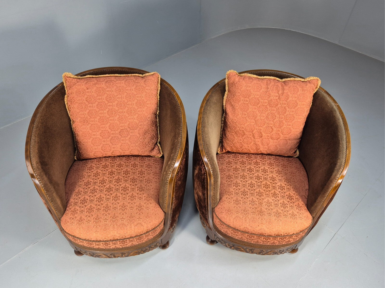 2 Vintage Art Deco Danish Tub Lounge Chairs Damask and Velvet 1940s EB9004 VCLO - UKDK FURNITURE