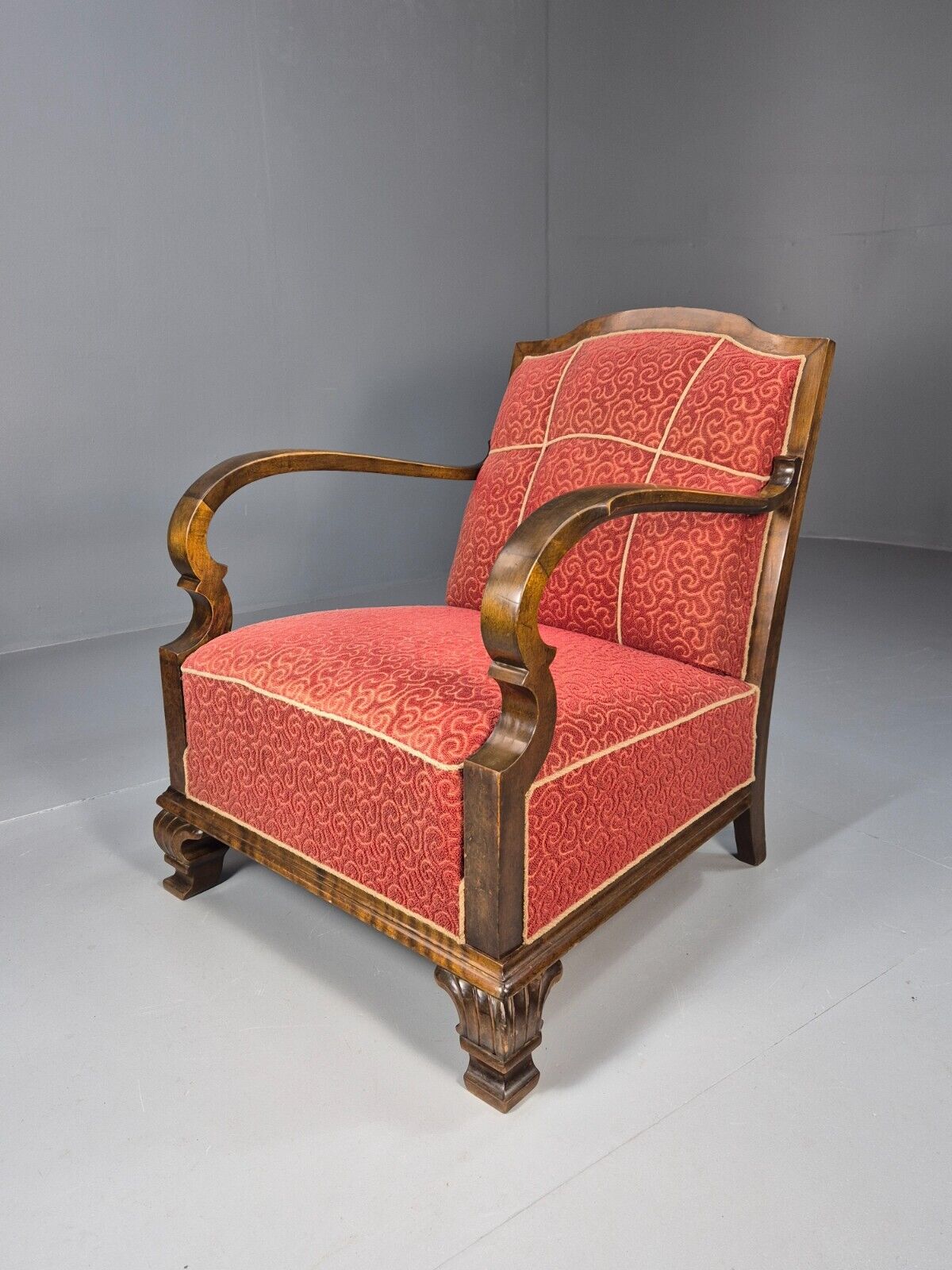 Vintage Danish Lounge Chair Red Moquette Beech Frame 1920s Antique EB8939 VCLO - UKDK FURNITURE