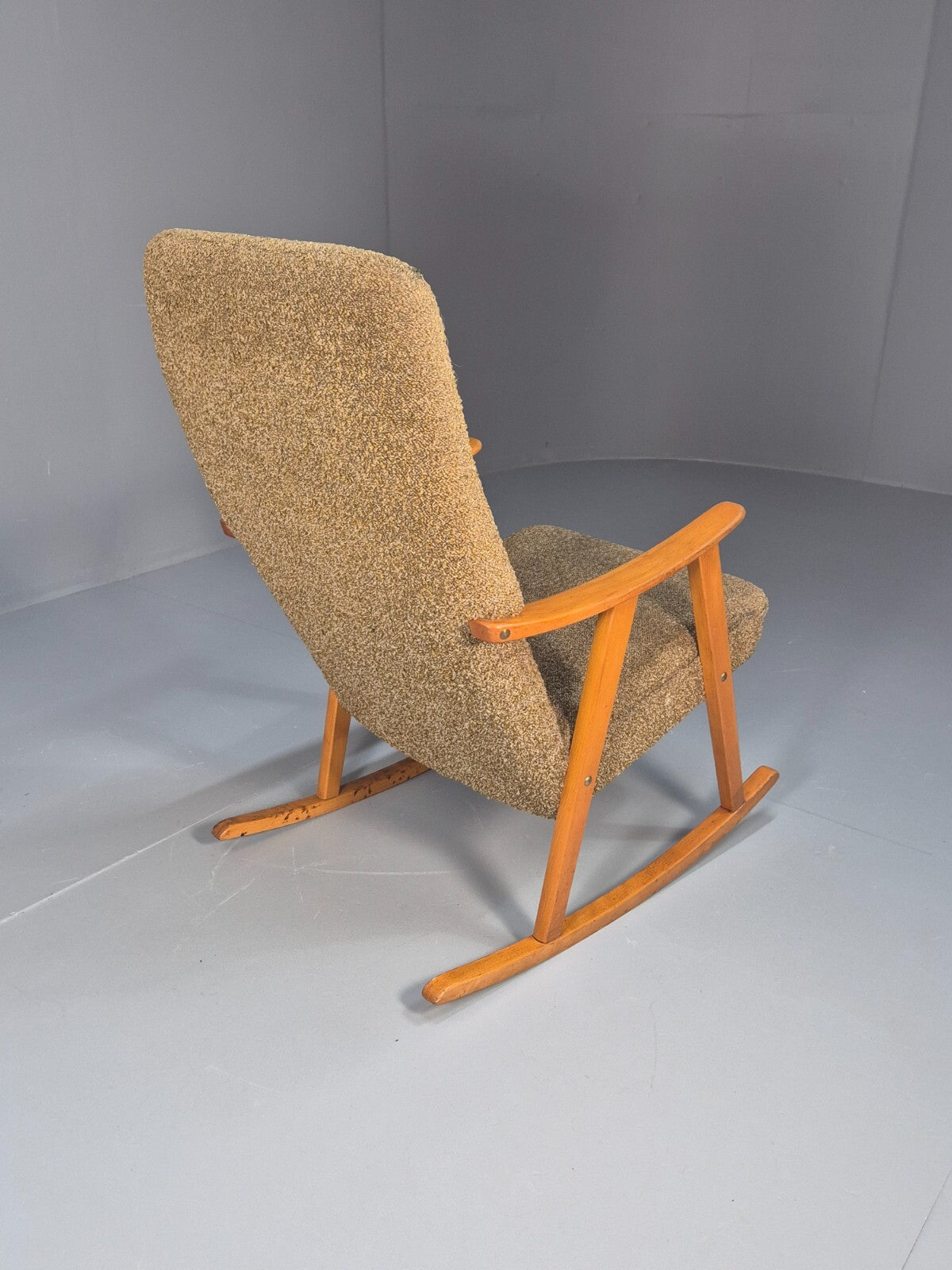 Mid Century Rocking Chair Olive Brown Wool Fabric Beech Frame 1950s EB9595 MNOR - UKDK FURNITURE