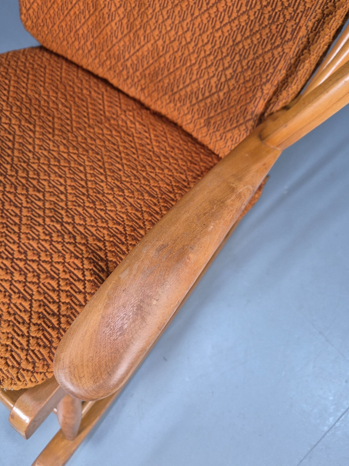 Vintage 1950s Rocking Chair Orange Pattern Fabric Beech Frame Retro EB9481 MNOR - UKDK FURNITURE
