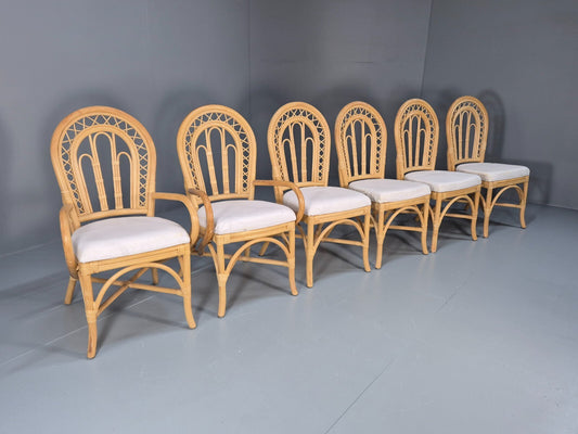 6 Vintage Cane Dining Chairs 1980s Retro 2 Carvers White Seat EB9704 VBER - UKDK FURNITURE
