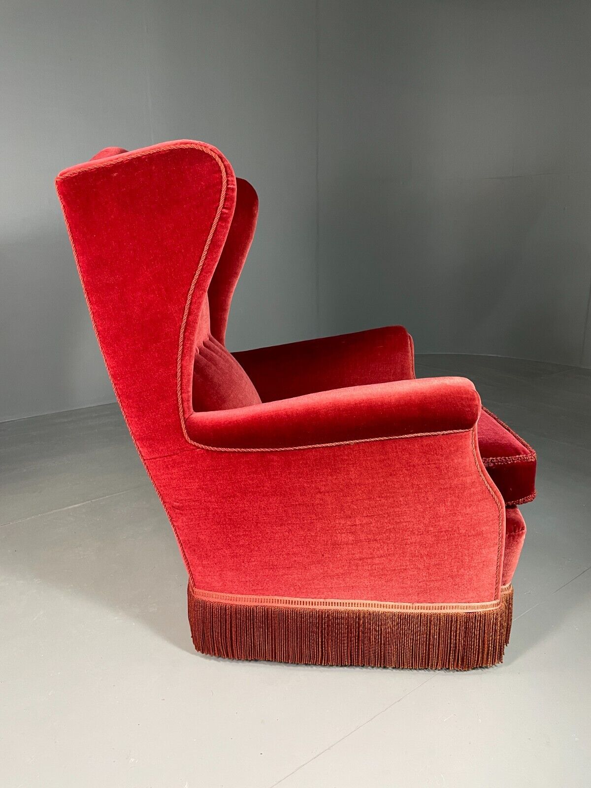 Vintage Danish Wingback Lounge Chair Red Velour Tassels 1940s Retro EB6450 VCLO - UKDK FURNITURE
