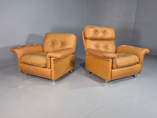 2 Vintage Danish Lounge Chairs Mustard Tan Leather Skippers 1970s EB7782 MNOR - UKDK FURNITURE