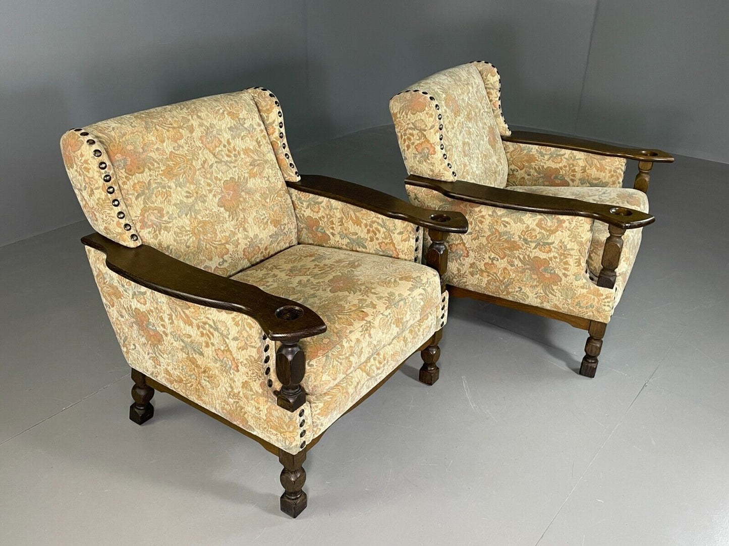 2 Vintage Danish Lounge Chairs Floral Cotton Oak Frame Retro EB6690 MNOR - UKDK FURNITURE