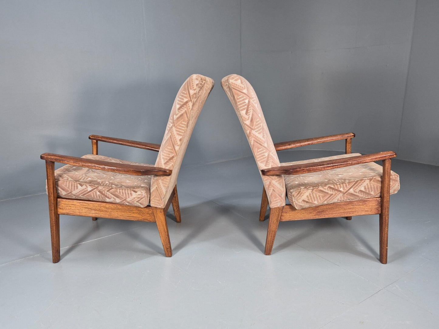 Vintage Parker Knoll Armchairs Pair Deco Pink Fabric Stained Beech EB8866 MCLO - UKDK FURNITURE