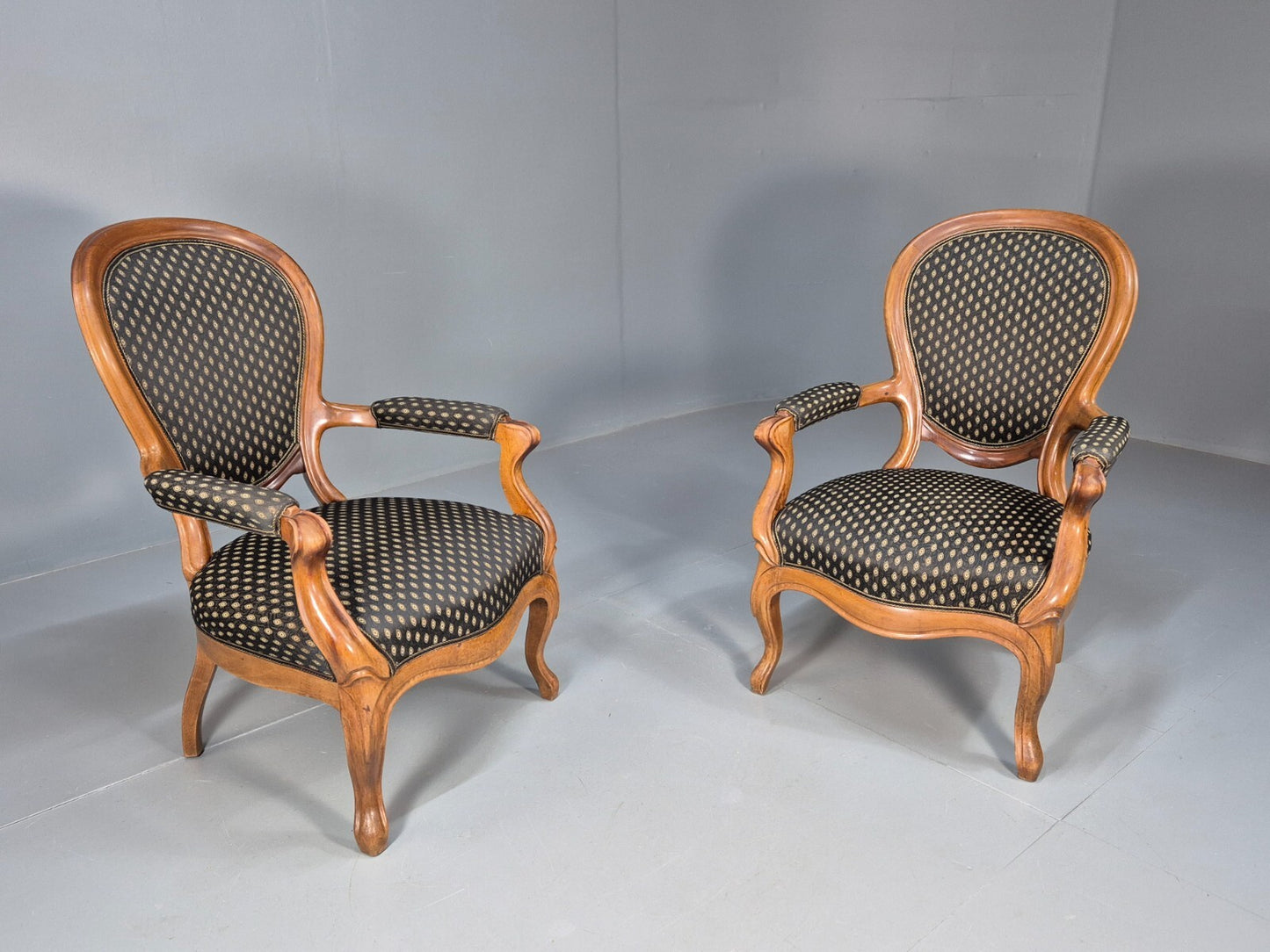 Antique Mahogany Armchair Pair Black Pattern Fabric Louis XV Style EB9558 VCLO - UKDK FURNITURE