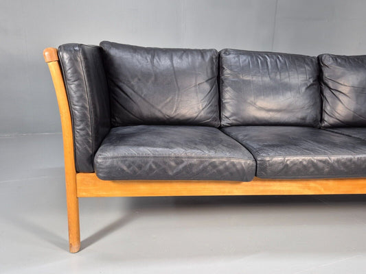 Vintage 3 Seat Sofa Black Leather Beech Ends Stouby Retro 1980s MCM EB8593 M3SS - UKDK FURNITURE