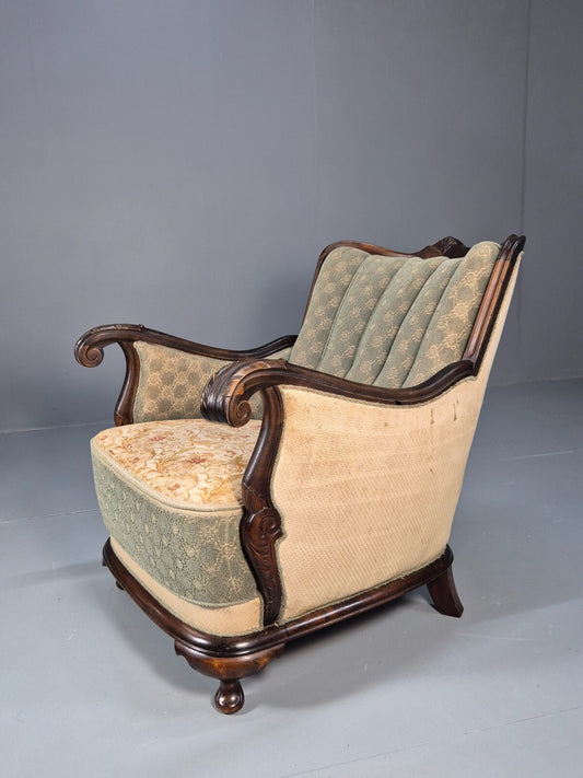 Antique Mahogany Shell Back Cream And Green Armchair Floral Pattern EB9531 VCLO - UKDK FURNITURE