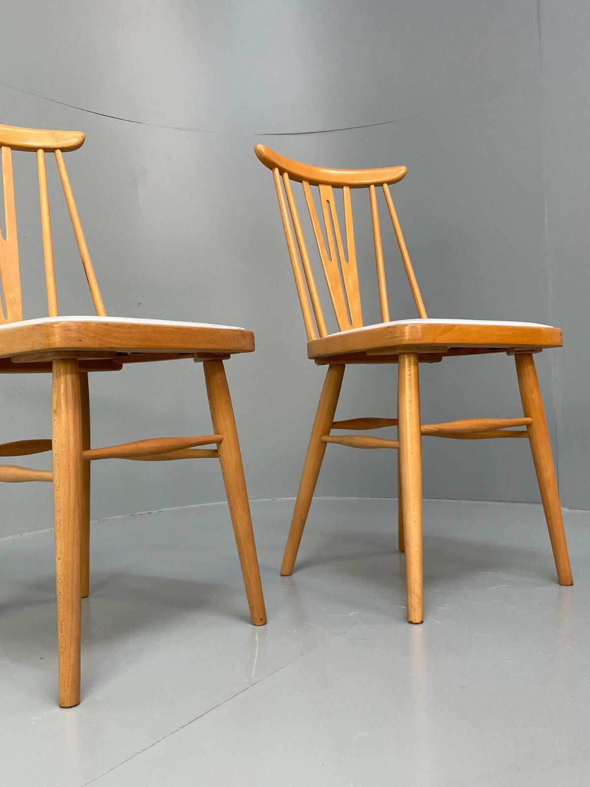 Mid Century Beech Dining Chairs Pair Off White Vinyl 1960s EB9779 MDIN - UKDK FURNITURE