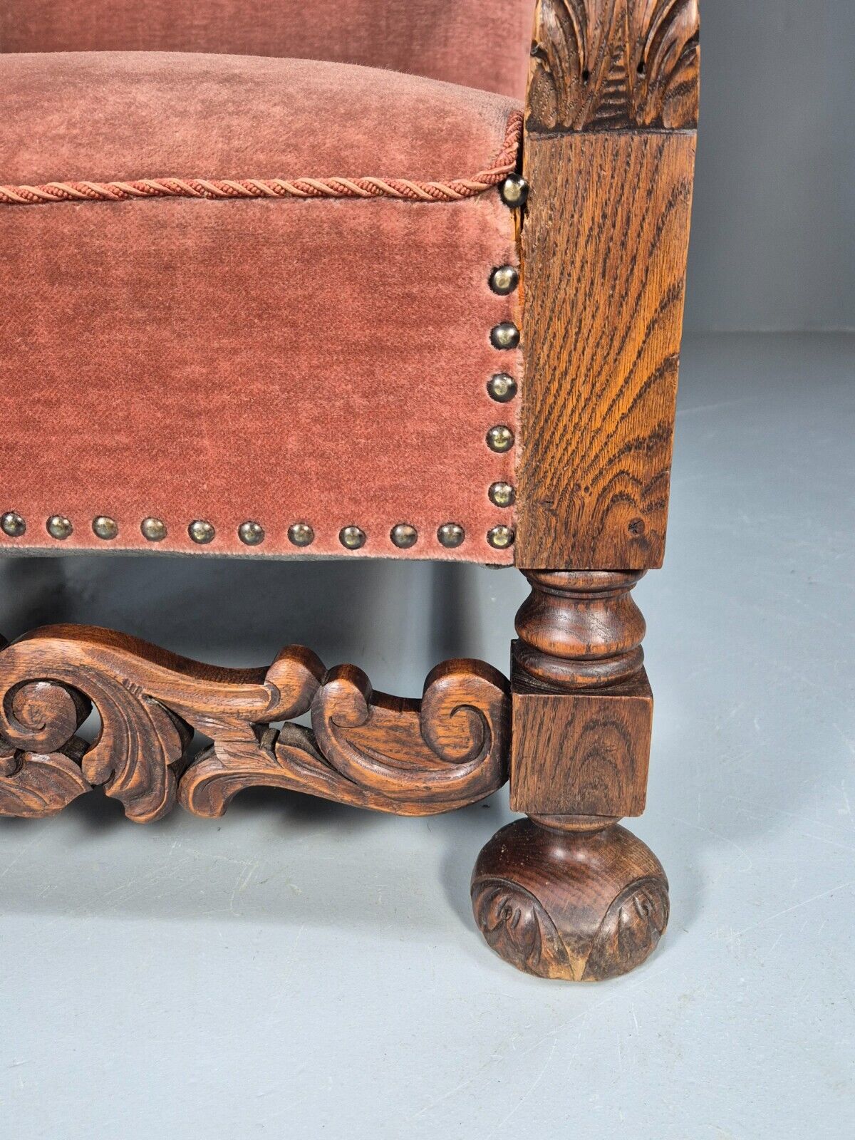 Vintage Danish Lounge Chair Pink Peach Velour Oak 17th Century Style EB8970 VCLO - UKDK FURNITURE