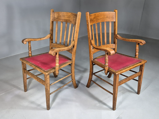 2 Vintage Elbow Chairs Red Leatherette Oak 1920s Retro EB7393 VLEA - UKDK FURNITURE