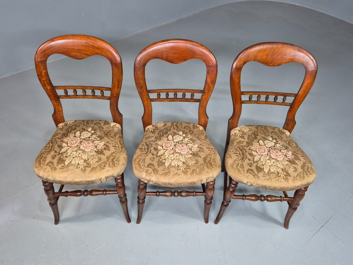 3 Vintage Dining Chairs Floral Seats Walnut Frame Balloon Victorian EB8182 VDIN - UKDK FURNITURE