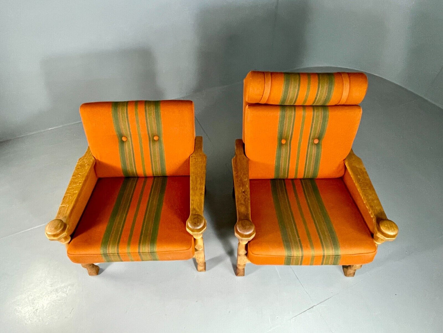 2 Vintage Danish Lounge Chairs Orange Green Oak Kjaernulf Retro MCM EB6716 MNOR - UKDK FURNITURE