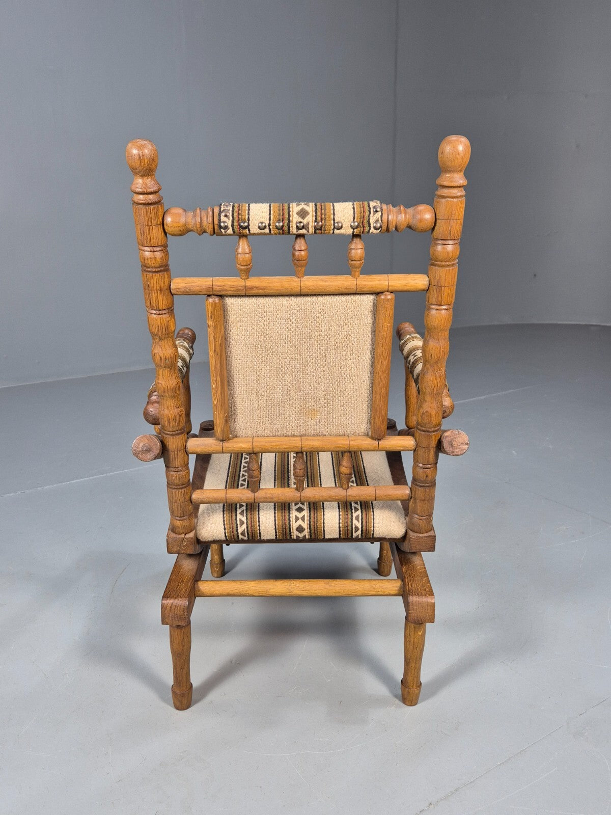 Vintage Childs American Style Rocking Chair Oak and Stripe Wool EB9577 MNOR - UKDK FURNITURE