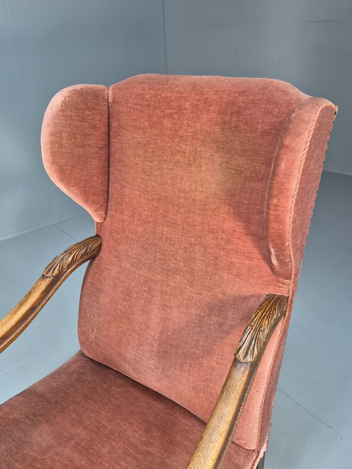 Vintage Danish Lounge Chair Pink Peach Velour Oak 17th Century Style EB8970 VCLO - UKDK FURNITURE