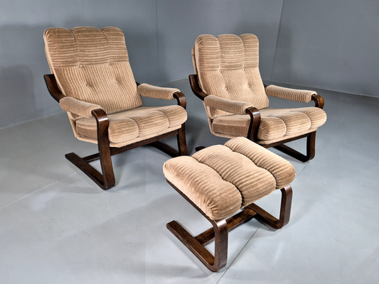 2 Vintage Danish Lounge Chairs Beige Corduroy Bentwood Retro MCM EB7193 MBEN - UKDK FURNITURE